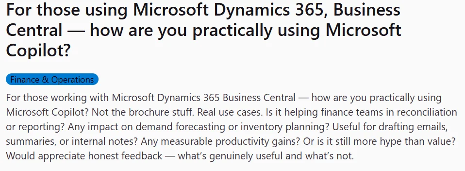 Reddit query on Microsoft Dynamics 365 Copilot
