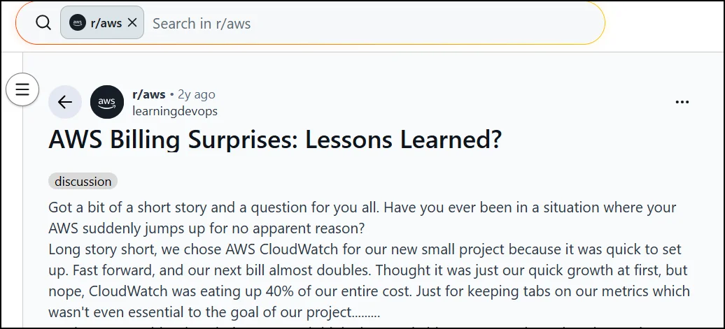 AWS Hidden Pricing Reddit thread